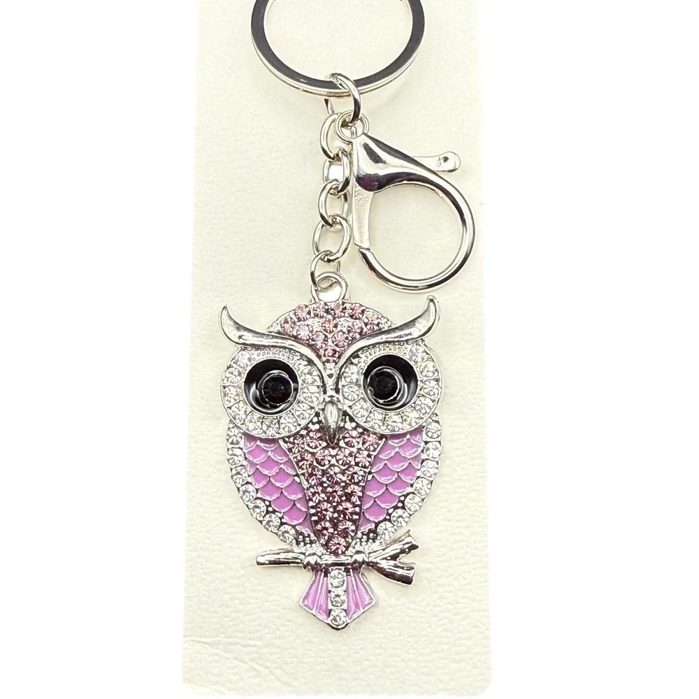 Pink Rhinestone Owl Keychain Silver‎ Tone Crystal Enamel Bag Charm Keyring